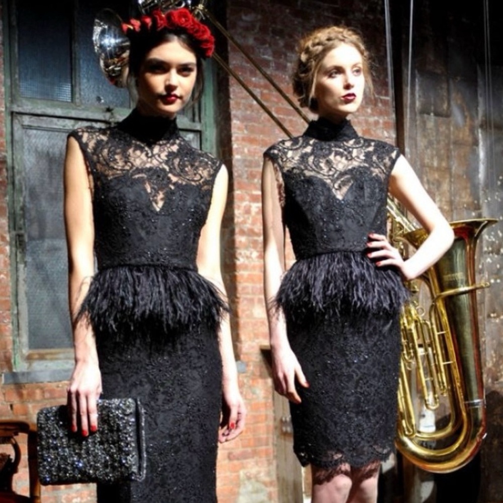 Alice & Olivia/REVOLVE black embellished lace feather trim Patricia peplum dress